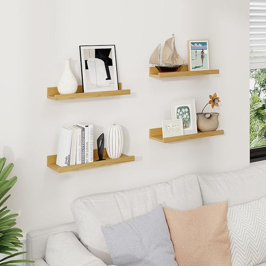 Axeman Oak Picture Ledge Shelf Set of 4 | 16'' Floating Shelves with Lip, Rustic Wood Wall Shelves with Ledge for Pictures Photos Nursery Books