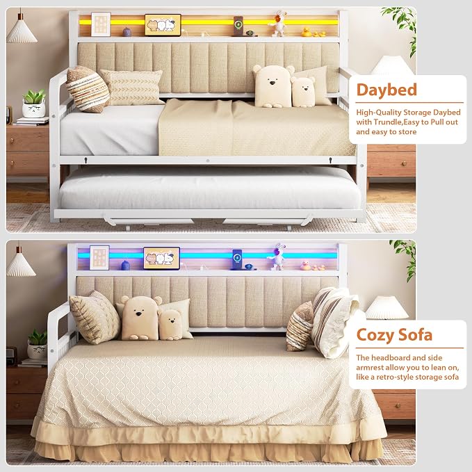 Daybed with Trundle and LED Light, Heavy Duty Metal Full Bed Frame with Upholstered Storage Headboard & Charging Station, Day Bed Pop Up Trundle Bed for Living Room,Bedroom and Guest Room, White
