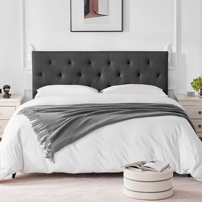 Linen Fabric Upholstered Headboard Queen Size, Modern Diamond Tufting Solid Wood Queen Headboard Only,Adjustable Height from 37” to 51” Head Board, Bed Frame or Wall Mount Headboards, Dark Grey