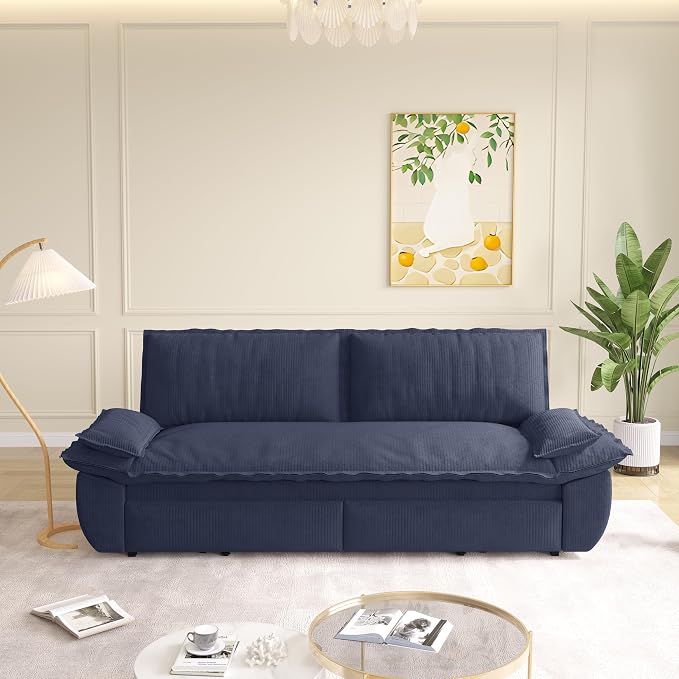 73.2" Sleeper Sofa Bed Queen Size, 3-in-1 Convertible Couch, Modern Pull Out Couches, Comfy Corduroy Futon Sofa, Cloud Loveseat Lounge, Pillow Arm, for Living Room, Apartment, Dark Blue