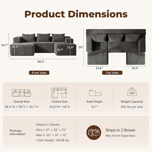 Modular Sectional U-Shaped Sofa with Deep Seat, Modern Boneless Comfy Corduroy Fluffy Couch with Side Pockets and Anti-Slip & Floor-Friendly Bottom for Living Room, No Assembly, Dark Grey