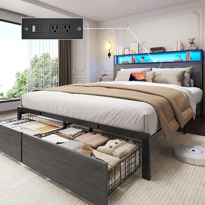 Lifezone Queen Bed Frame with 2-Tier Storage Headboard, Bedroom Metal Bed Frame with 2 Storage Drawers & Fast-Charging Station & LED, Noise-Free, No Box Spring Needed, Easy Assembly, Rustic Grey