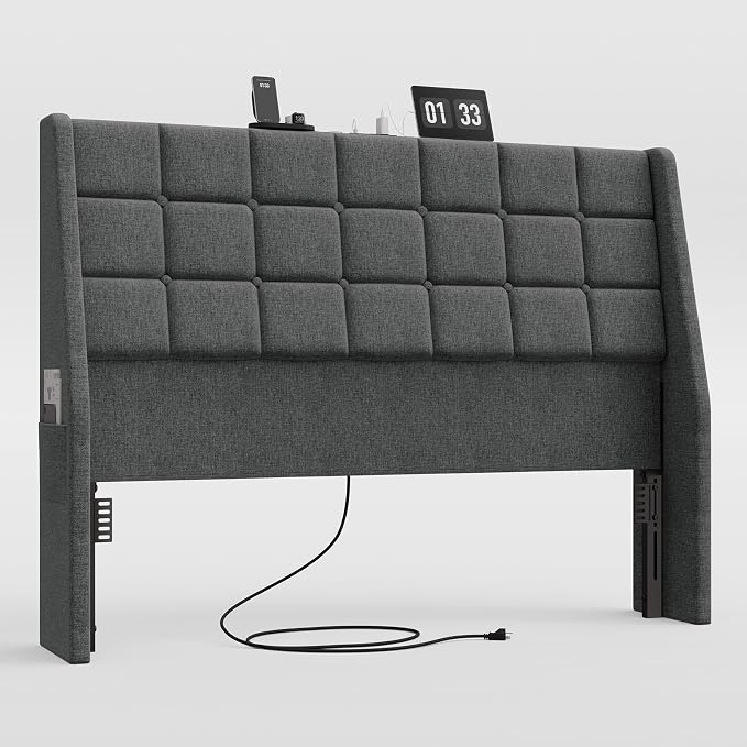 Ergonomic Upholstered Headboard Queen Size w/Charging Station, Linen Wingback Headboards w/Storage Pocket, Queen Headboard Only, Bed Frame Adapters, Sturdy Stable Solid Wood Bed Head Board, Dark Grey