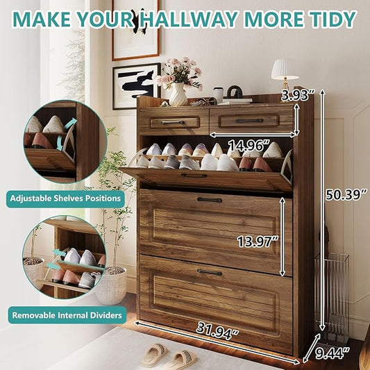 Shoe Cabinet with 3 Large Flip Drawers and 2 Storage Drawers, Narrow Shoe Organizer Cabinet Fits for Kinds of Shoes, Slim Shoe Storage Cabinet for Entryway, Hallway, Walnut