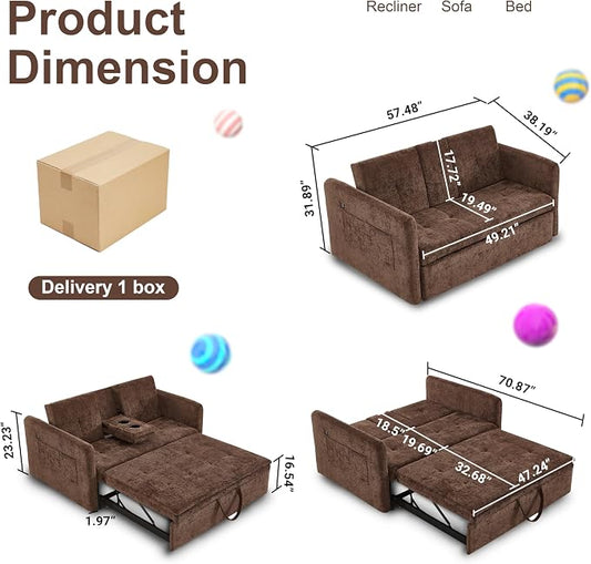 57.48" Convertible Sofa Bed with Cup Holder, Pull Out Sleeper Sofa Bed with USB Charging Ports, 3 in 1 Convertible Sleeper Sofa Bed for Living Room, Apartment, Bedroom, RV, Brown