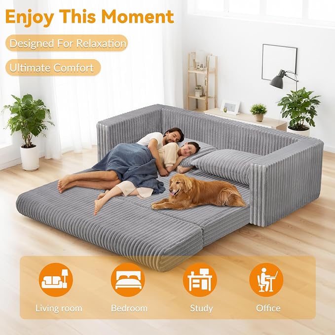 HABUTWAY 68" Loveseat Boneless Couch, 4-in-1 Convertible Sofa Bed, Plush Fur Folding Futon Sofa Bed Couches with 2 Pillows for Living Room, High-Density Foam Support, No Assembly Required, Light Grey