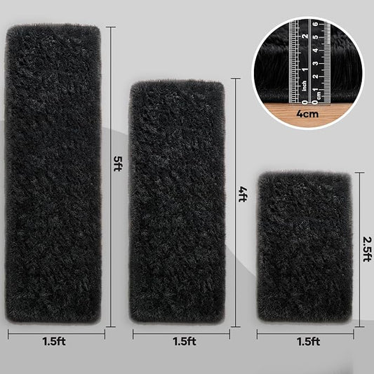 Ophanie Small Rug Washable Non Slip Throw Bedside Area Rugs, Fluffy Soft Mini Bedroom Carpet, 1.5x2.5,1.5x4 and 1.5x5 Rug Set, 3 Piece Black with Over 99 pcs Pile fibers
