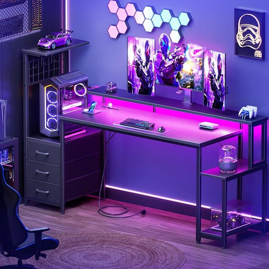 Korfile 63 Inch Gaming Desk with Bluetooth LED Lights & Power Outlets,Computer Desk with Fabric Drawers & Hooks,Reversible Gamer Table with Monitor Stand for Game Room,Home Office,Carbon Fiber Black