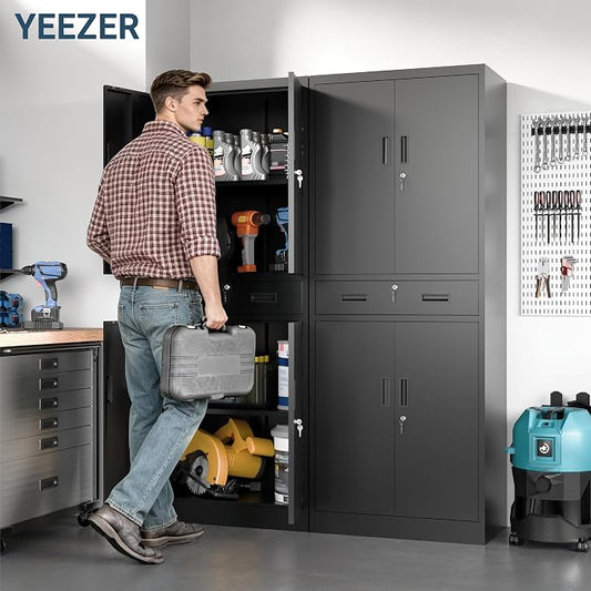 71" H Tall Metal Storage Cabinet with Drawer, Metal Garage Storage Cabinet with Lock and 2 Adjustable Shelves for Home, Office, Garage, Warehouse Organize, Black