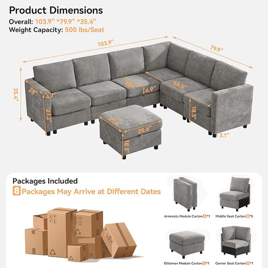 104'' V Shaped Modular Sofa, Sectional Couch with Storage for Living Room, Modern 7 Seater Cloud Sectional Couch with Movable Ottoman, Chenille Grey