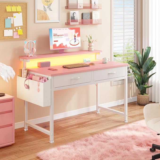 DurayLoly 31Inch Small Computer Desk with LED Lights & 2 Fabric Drawers, Gaming Desk with Side Pocket & Ergonomic Monitor Stand, Small Space Study Writing Table with Anti-Tip Design,Pink