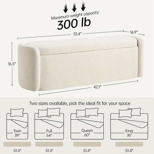 VKNOW 51" Storage Ottoman Bench, Upholstered End of Bed Bench with Smooth Hinges, Oval Large Ottoman Bench for Bedroom, Living Room and Hallway Entryway, Beige