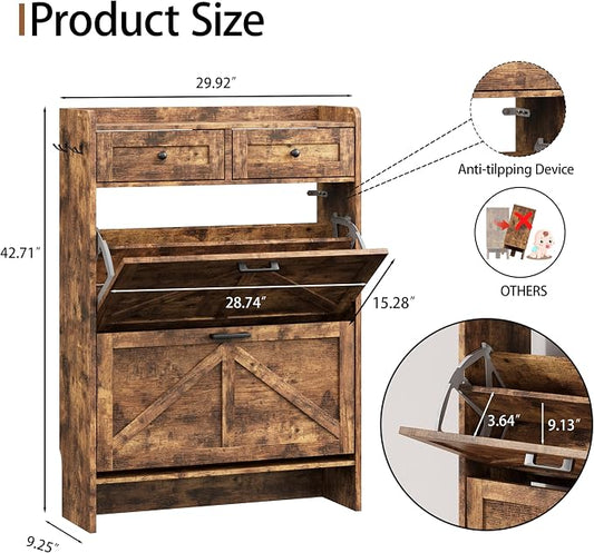 Shoe Cabinet with 2 Flip Drawers & 2 Top Drawers, 43" Tall Freestanding Narrow Wooden Shoe Storage Organizer for Entryway, Hidden Slim Shoe Rack for Front Door Entrance, Hallway, Living Room, Brown