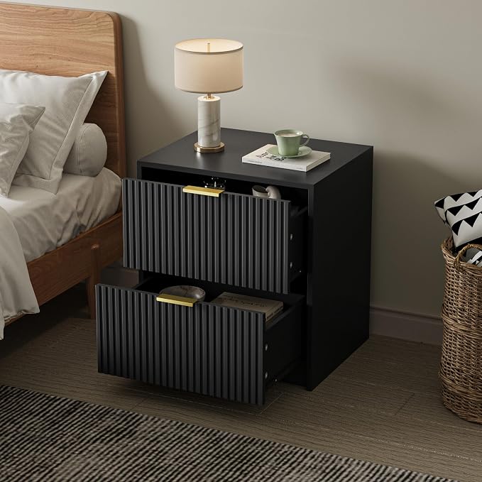 MAISONARIA 3-Piece Dresser Bedroom Set, 9 Drawer Dresser & 2 Drawer Nightstands with Gold Handles, Fluted Wood Chest of Drawers for Bedroom, Living Room, Entryway, Black