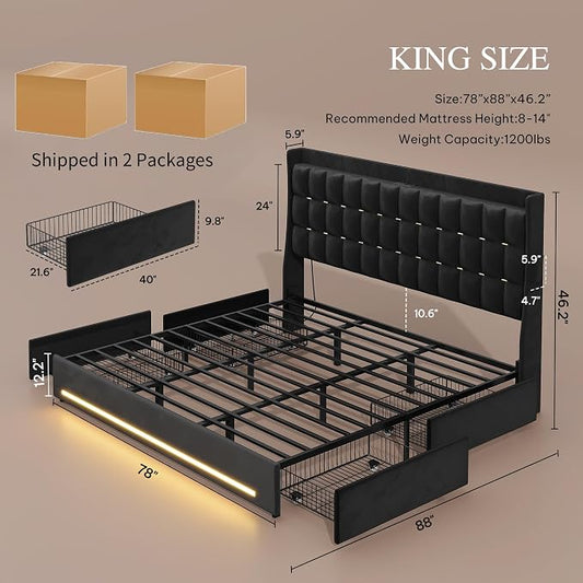 YITAHOME King Size Bed Frame with 4 Drawers and RGB LED Lights, Velvet Upholstered Platform Bed with Charging Station and Storage Headboard, No Box Spring Needed, Easy Assembly, Noise-Free, Black