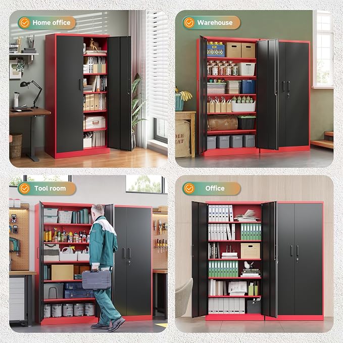 Letaya Metal Garage Storage Cabinets with Lock, 72" Tall Locker Organizer Steel Tool Cabinets,5 Adjustable Shelves 2 Doors for Home Office, Warehouse,Garage,Industrial,Employee (Black Red)