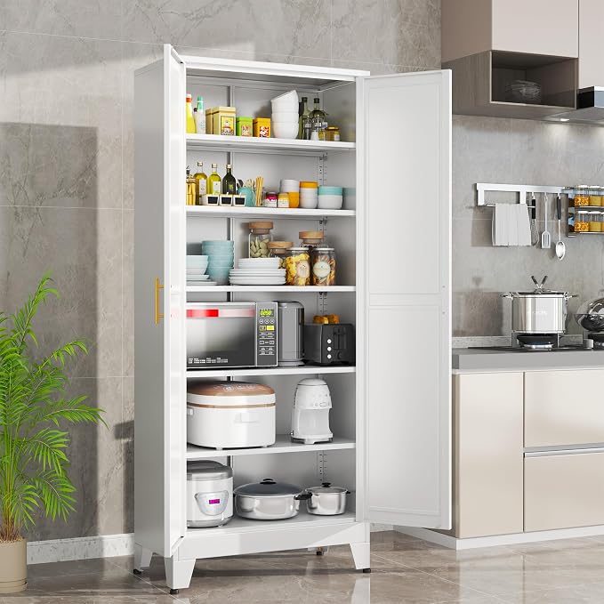 White Metal Storage Cabinet,75" Steel Cabinets for Home Office | Kitchen Pantry Storage Cabinet with Doors and 5 Adjustable Shelves, Tool Cabinets, for Office, Home, Garage, School