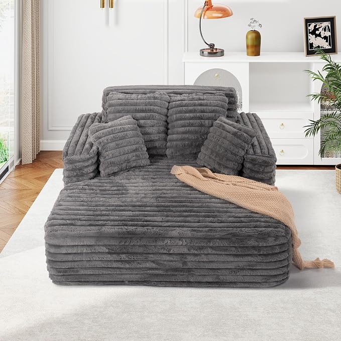 JEEOHEY 56" Oversized Chaise Lounge Chair Indoor,Plush Faux Fur Sleeper Sofa Couch Bed with Pillows&Wide Armrests,Fluffy Comfy Cloud Couch,Compression Foam Couch for Living Room,Bedroom(Grey)