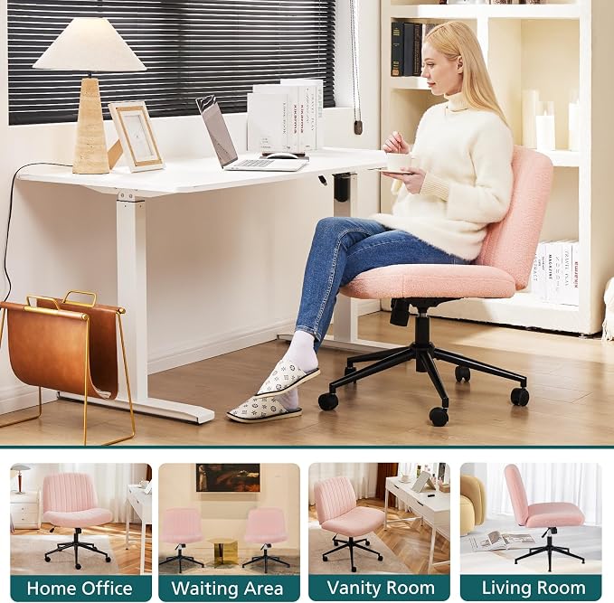 OLIXIS Criss Cross Chair with Wheels Wide Cross Legged Office Desk Vanity Chair Comfy Fabric Armless Adjustable Swivel for Home Computer Task Teddy Pink