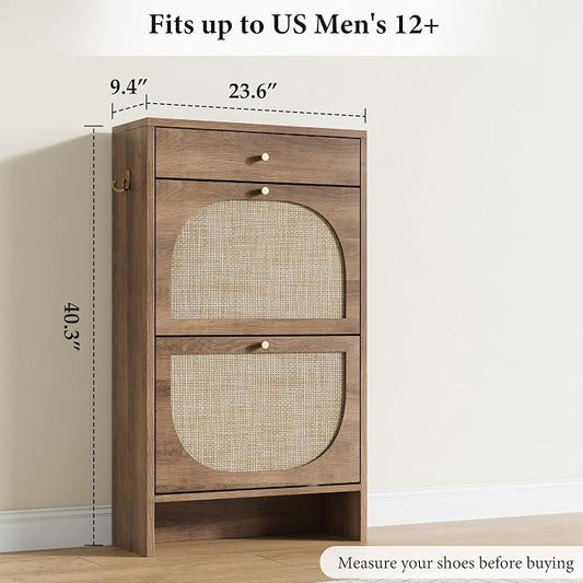 Nicetree Shoe Cabinet for Entryway, Slim Shoe Rack with 2 Flip Drawers and Top Storage Drawer, Narrow Shoe Organizer with Printed Rattan-Look Design, Entryway Shoe Storage for Size 12 Shoes, Caramel