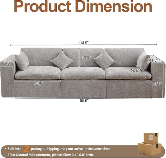 115''Cloud Boneless Sectional Couch, Modular Sectional Sofa Deep Seat, Oversized Upholstered Convertible Comfy 3 Seater Chenille Memory Foam Sofa Couches for Living Room, Light Grey