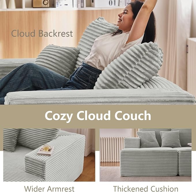 140" L Shaped Cloud Sectional Couch for Living Room, Modular Floor Deep-Seat Sofa, Big Comfy Corduroy Couches Set with Fluffy Memory Foam for Living Room Bedroom, No Assembly Required, Grey