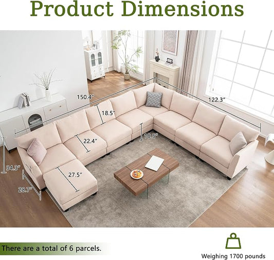 150.4" Large Sectional Couches for Living Room, 8 Seater L Shaped Modular Sectional Sofa with Storage Ottoman & USB, Oversized Corner Couch for Living Room(Beige)