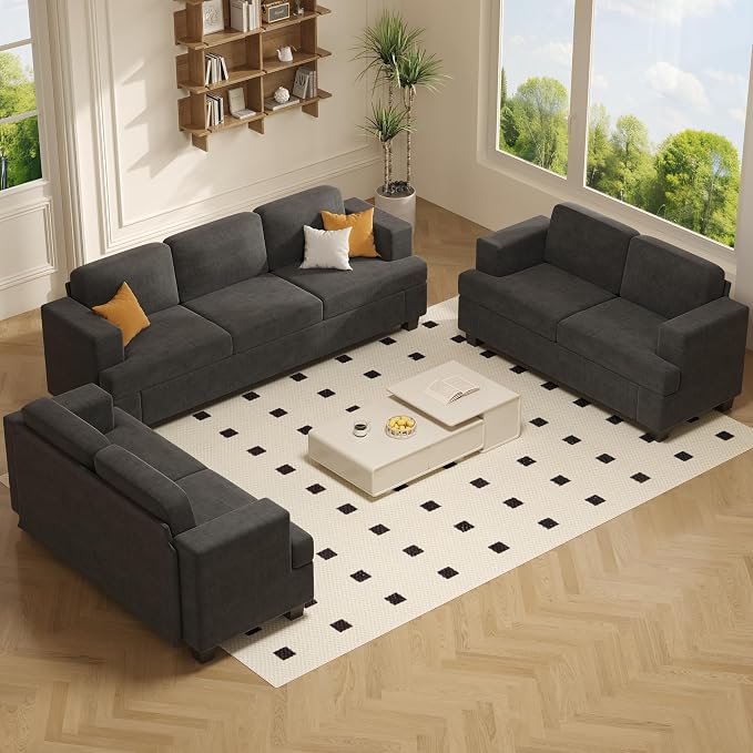 Apicizon Loveseat Set of 2 & 3-Seater Sofa, 3 Piece Set Comfy Couch for Living Room, Modern Lounge Sofa Couch for Apartment Lounge, Dark Grey Chenille