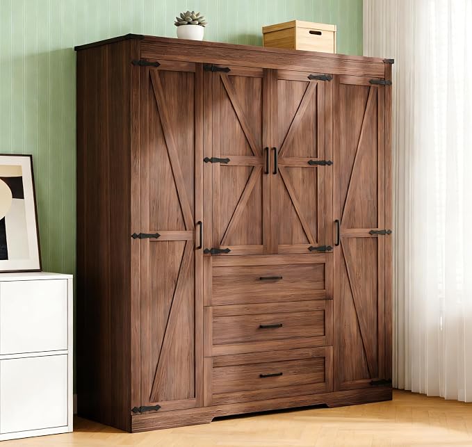 Farmhouse Wooden Armoire Storage Cabinet with Adjustable Shelves & Hanging Rod, 4 Doors Wardrobe Armoire Closet with Drawers,70" Freestanding Clothing Storage Cabinet for Bedroom (4 door, Brown-1)