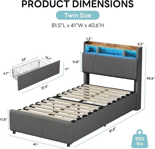 LIKIMIO Twin Bed Frame with 2 Storage Drawers, Charging Station & LED Lights, Upholstered Platform Twin Bed with Storage Headboard, Strong Wooden Slats, No Box Spring Needed, Easy Assembly, Grey