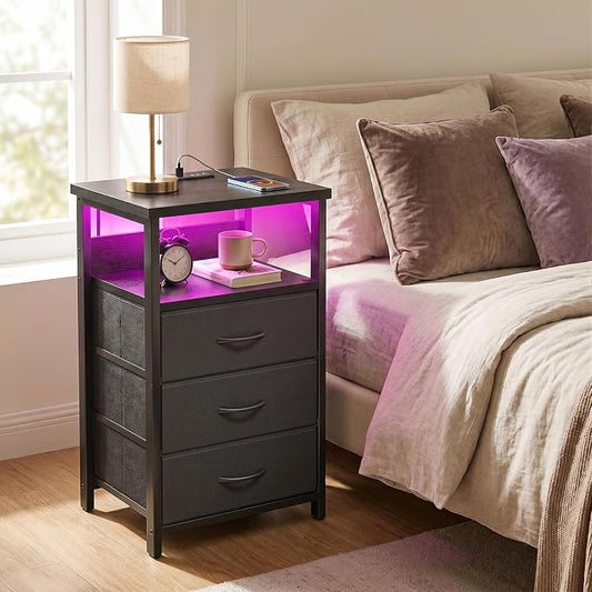 Fixwal Night Stand with 3 Fabric Storage Drawers, LED Nightstand with Charging Station, Bedside Table, Black
