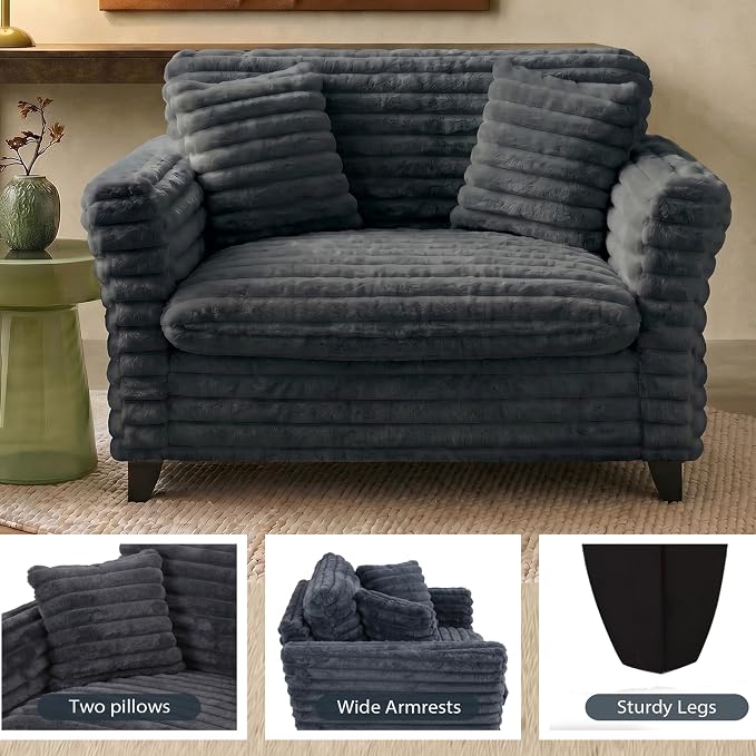 ERYE 46.9" Corduroy Upholstered Accent Chair Wide Seat Armchair for Living Room Bedroom, Modern Cloud Cushion Armchair W/ 2 Pillows and Wooden Legs for Home Apartment Office