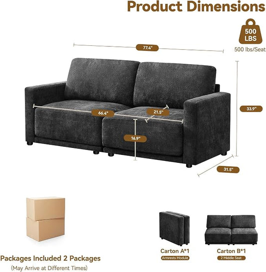 77.4" Chenille Modular Loveseat Oversized Upholstered 2 Seater Sectional Sofa with Thickened Cushions, Easy Assembly, Modern Comfy Love Seat Couch for Living Room, Black