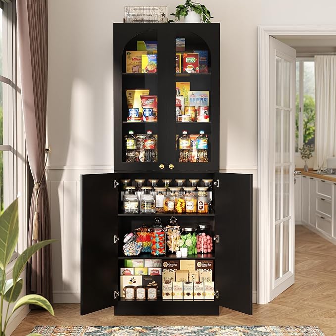 Cyclysio 80" Kitchen Pantry, Tall Arch Storage Cabinet with Tempered Glass & Soft Close Doors, Freestanding Wood Floor Cupboard Bookcase with Seamless Fit Wall for Dining Room, Living Room, Bathroom