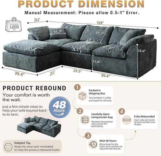 109" Boneless Cloud Couch Sectional for Living Room, Oversized Modular L Shaped Sofa with Ottoman, Deep Seat Chenille Sectional Couch for Cloud-Like Comfort(Blue)