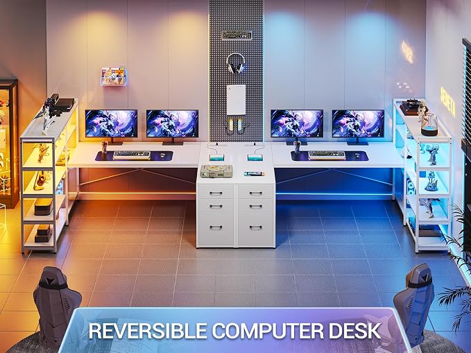 SEDETA L Shaped Office Desk with Drawers, 64.5" Reversible Computer Desk with Storage Shelves and Power Outlet, Corner Gaming Desk with LED Strip for Home Office, White