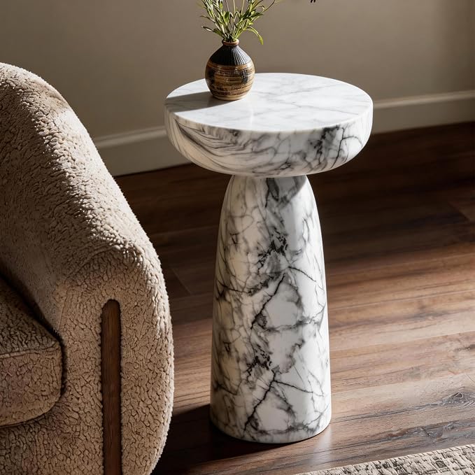 Marble Side Table, 24" Modern Accent Table with Pedestal Stand, Durable Faux Marble Side Table for Small Spaces, Marble Look Coffee Table Accent Drink Tables for Living Room Patio Balcony