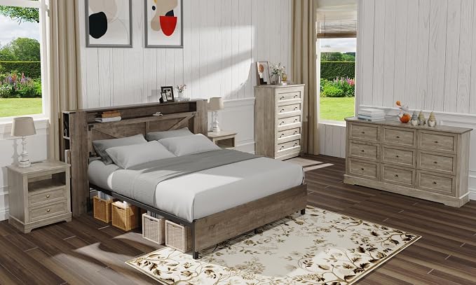 LOUVIXA Farmhouse Bedroom Sets of 4, Including 9 Drawer Dresser, 5 Drawer Dressers and Nightstand Set of 2 with Charging Station (Grey Sets, 4 Pieces)