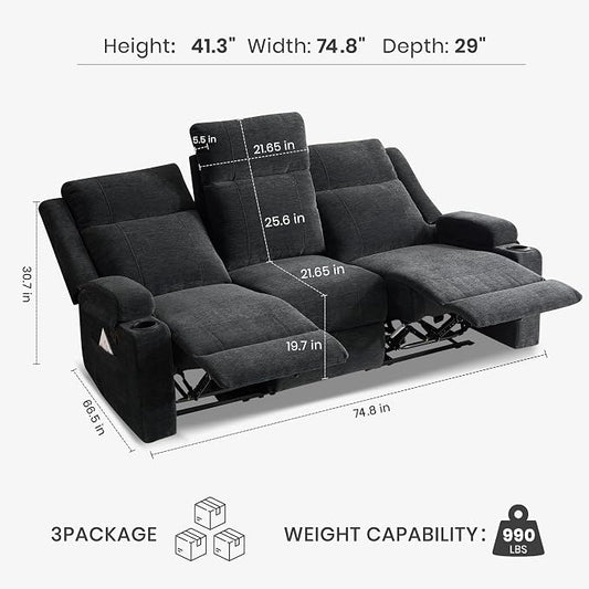 75'' Manual Reclining Sofa with Storage Drawer, 3 Seat Wall Hugger Recliner Couch with Cup Holders, Side Pockets, Chenille Fabric, Compact 3-Person Recliner for RV, Living Room, Apartment (Black)
