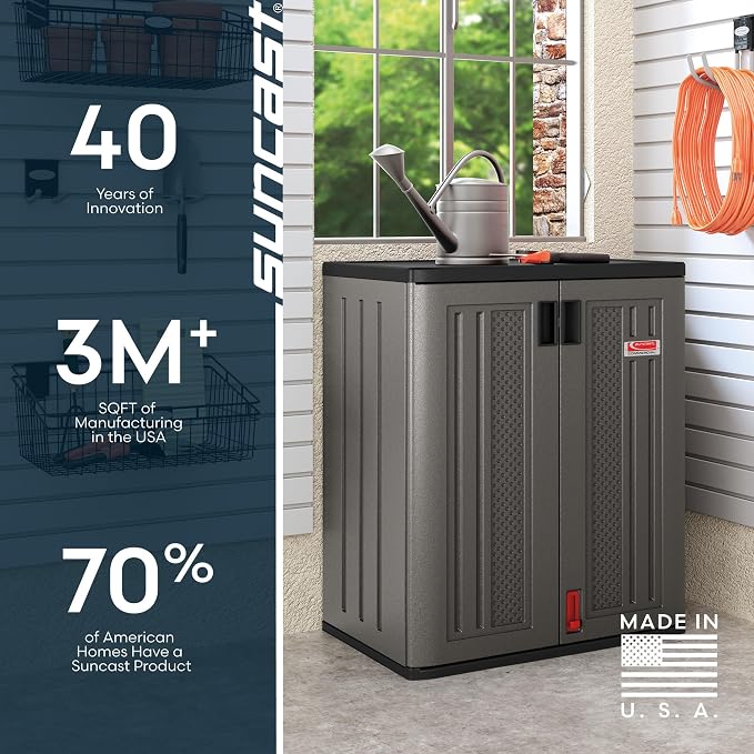 Suncast Heavy-Duty Resin Outdoor Storage Cabinet, 30" W x 20.25" D x 36" H Dark Grey Base Garage Storage Cabinet with Lockable Doors and Metal Reinforced Shelves, Made in the USA