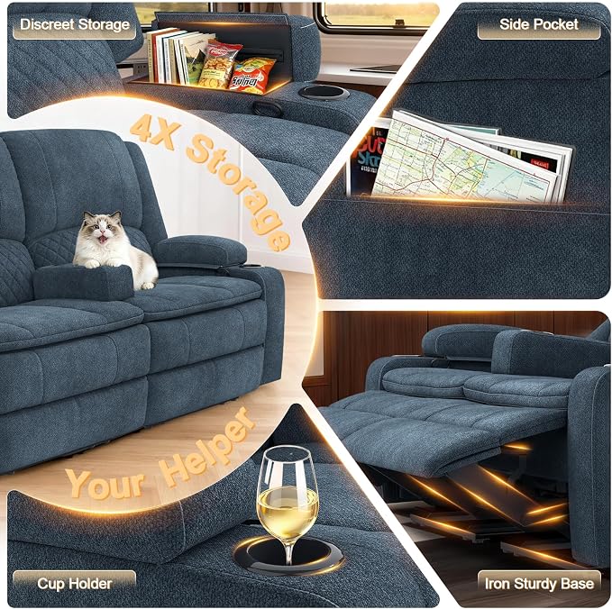 RV Loveseat Recliner Wall Hugger, Manual RV Reclining Loveseat with Removable Armrest, 3X Adjustable Theater Wall Hugger Loveseat Recliners with USB Ports, Cup Holders, Multi-Storage (Fabric,Blue)