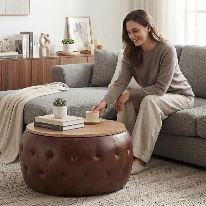 Round Storage Ottoman Coffee Table with Wooden Tabletop, 25 Inches Leather Ottoman for Living Room, Bedroom, Apartments (Brown)