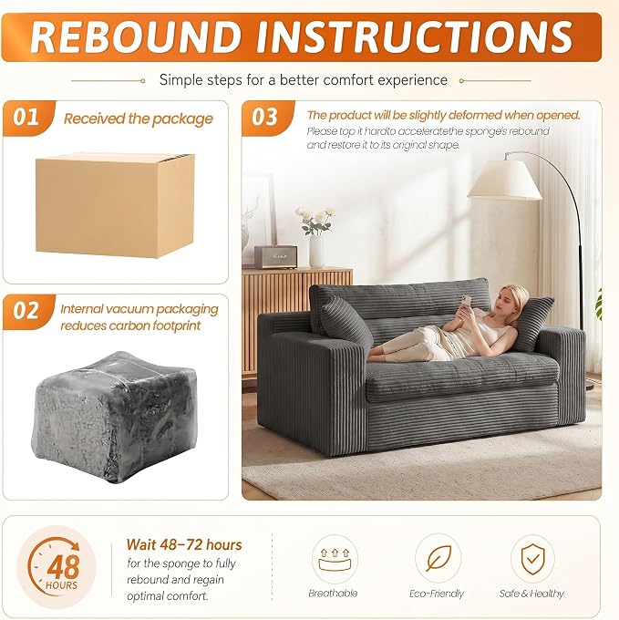 Erament Boneless Loveseat Sofa Couch, 2 in 1 Convertible Sofa Bed with Pillows, Fold Out Bean Bag Chair Boneless Floor Couch for Living Room Bedroom Office Lounge Apartment, No Assembly Needed, Grey