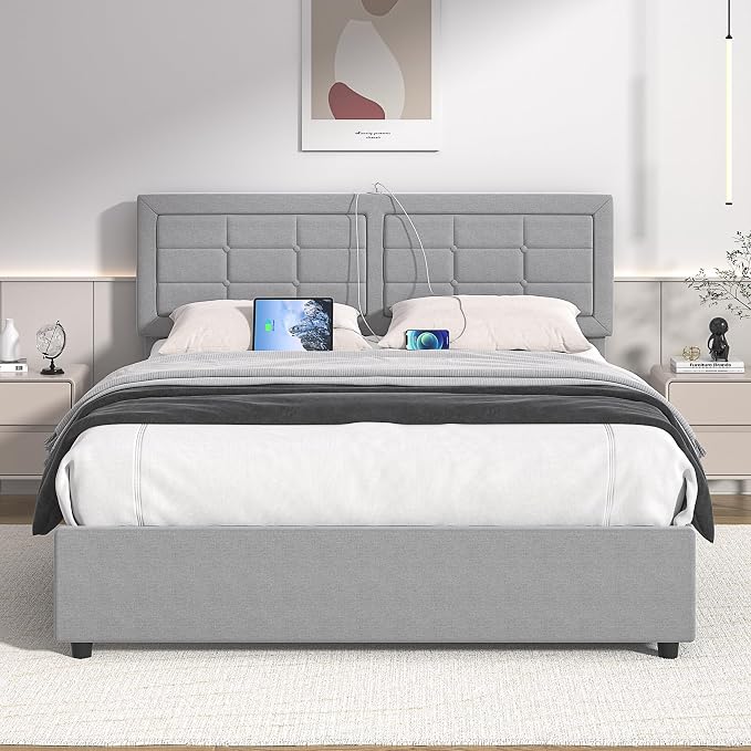 VECELO Queen Size Bed Frame with 4 Storage Drawers & Adjustable Headboard, Built-in Charging Station, Upholstered Bedframe with Wood Slats Support, Light Grey