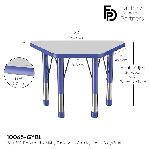 FDP Trapezoid Activity School and Classroom Kids Table (18 x 30 inch), Chunky Toddler Legs for Collaborative Seating Environments, Adjustable Height 15-24 inches - Gray Top and Blue Edge