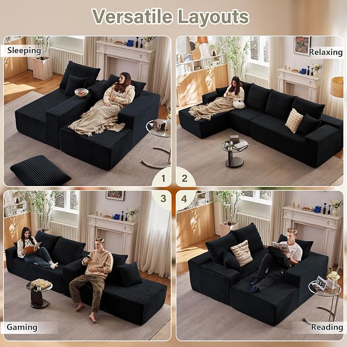 135" Modular Sectional Couches for Living Room, Comfy Boneless L Shaped Cloud Couch with Chaise Lounge, Modern Cozy Corduroy Deep Seat Floor Sofa, Memory Foam, No Assembly Required, Black