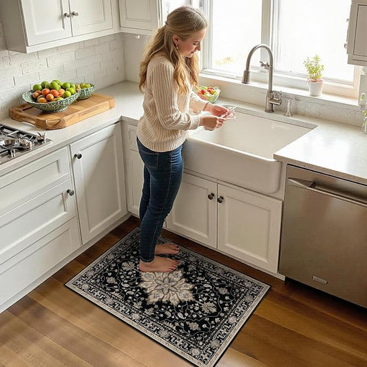 RELEANY Area Rugs Small 2'x3' Washable Non-Slip, Floral Vintage Distress Medallion Carpet for Kitchen Entryway Bathroom, Black Brown Neutral Dark Tan