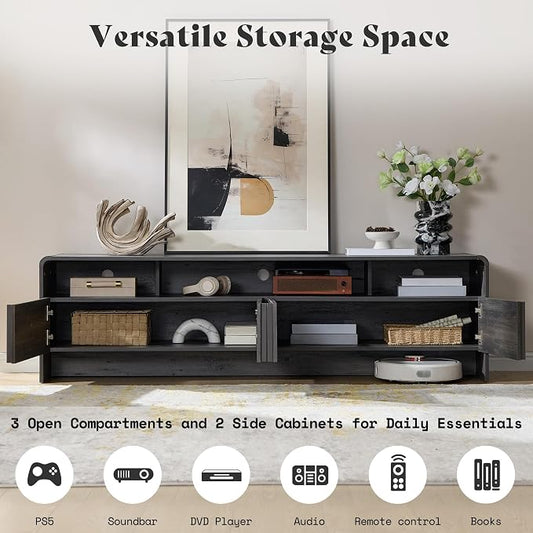 AMERLIFE 70" Modern TV Stand for TVs up to 80", Fluted Wood Entertainment Center with Storage Cabinets, Media Console Table for Living Room, Black