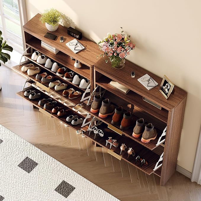 VINGLI Walnut Slim Shoe Cabinet for Entryway, Curved Hidden Shoe Storage Cabinet with 2 Flip Drawers & Open Shelf, Modern Narrow Shoe Organizer with Fluted Panel & Anti-Tip Kit, 32.7" W, Dark Wood