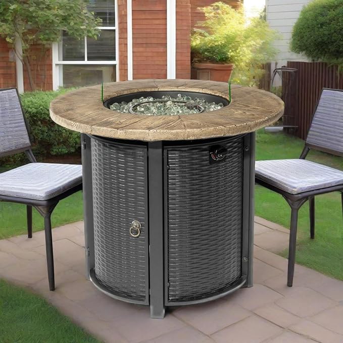 GDFStudio 30" Round Propane Fire Pit Table, 50000 BTU Outdoor Gas Heater with Faux Wood Grain Top & Glass Beads, for Patio Deck Garden Backyard, Black